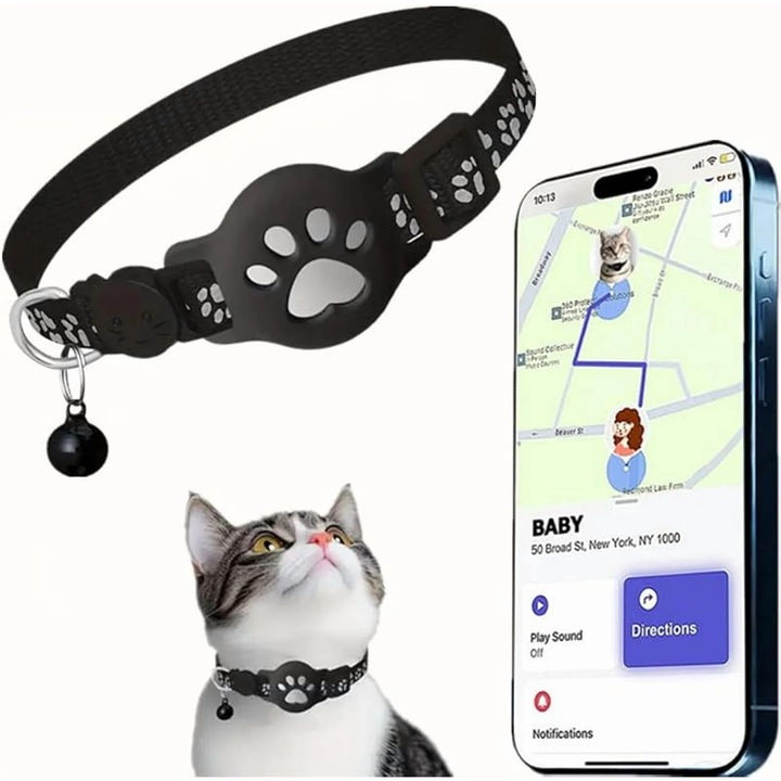 Zgarda pentru pisici, tracker compatibil Apple Find My, rezistenta la apa, reglabila, negru