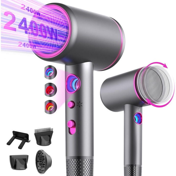 Hajszárító 2400W, 6 fokozat, negatív ionos, digitális, fekete