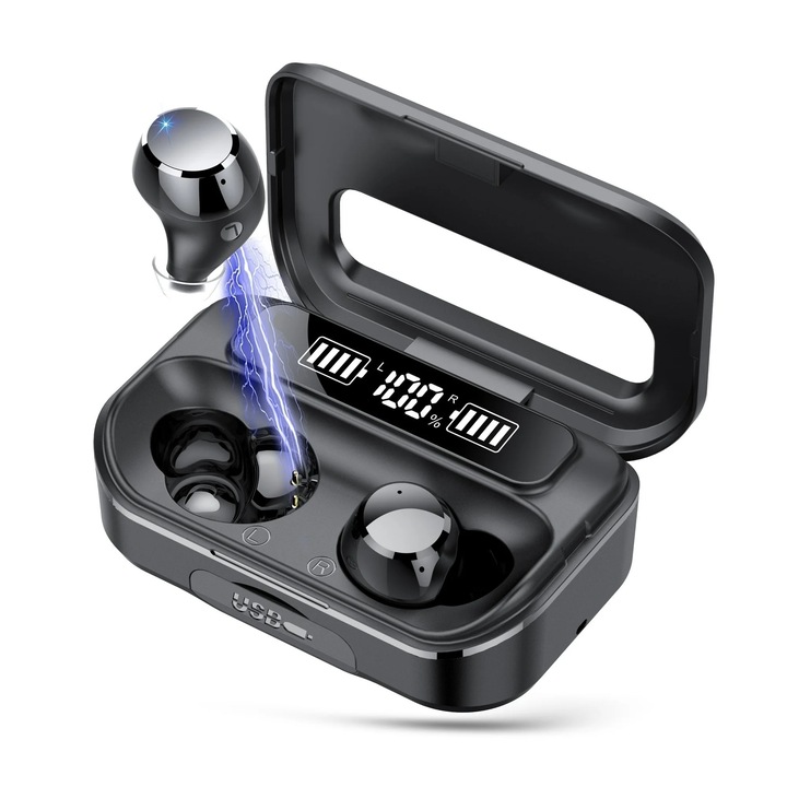 M9 Bluetooth vezeték nélküli fülhallgató, 80 óra üzemidő, fekete, IPX7, mikrofonnal, ergonomikus