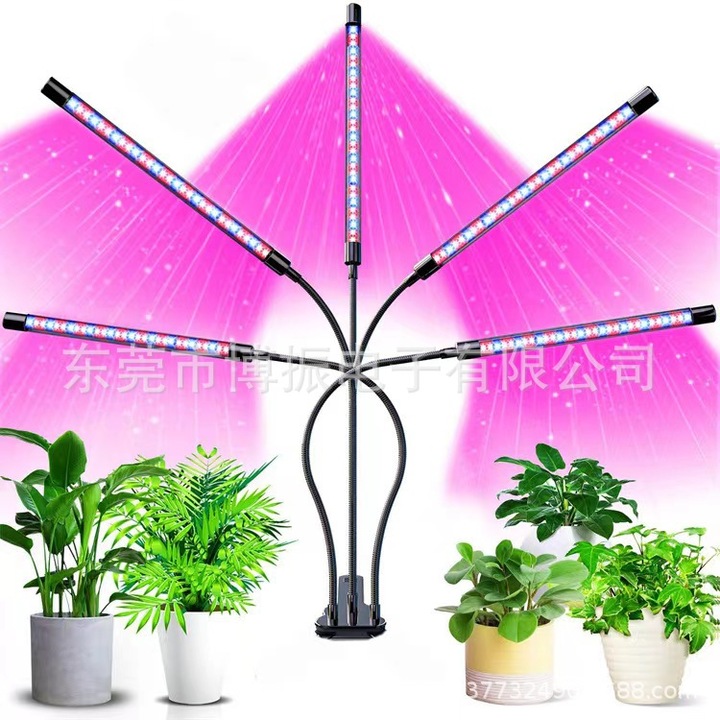 LED lámpa növényekhez, 3 rugalmas kar, 60 LED, piros-kék, 68x12x7cm, USB
