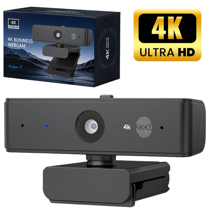 Уеб камера 4K UHD, INOMEVIX®, уеб камера 8 MP, двойни AI микрофони, автофокус, 8x цифрово увеличение, капак за поверителност, FOV 80.1°, ергономичен дизайн, USB Plug & Play, камера за компютър, лаптоп, черна