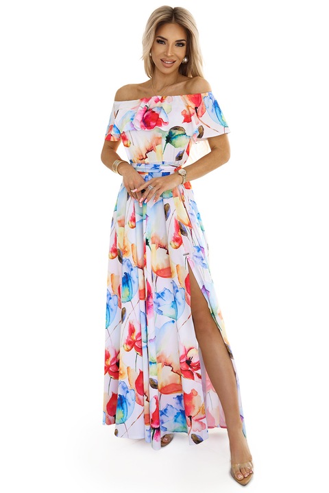 Rochie lunga de vara cu curea - model de flori colorate ? Casual Marim
