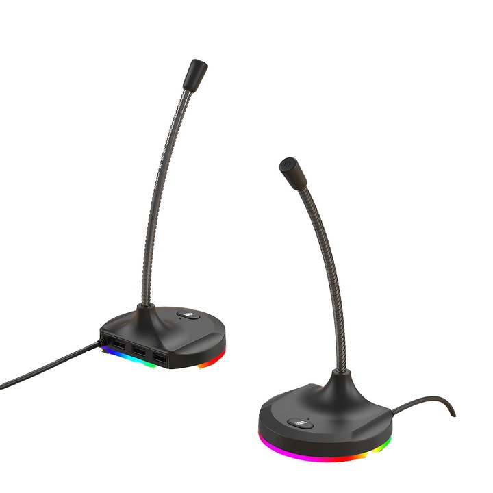 USB RGB PC mikrofon zajszűréssel és HD felvétellel, 360°-ban állítható, fekete