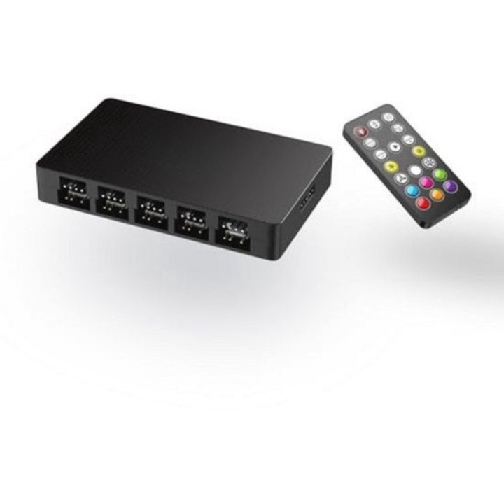 PC ventilátor elosztó, 10 portos, távirányítóval, mágneses rögzítés, többszínű, 5V/12V