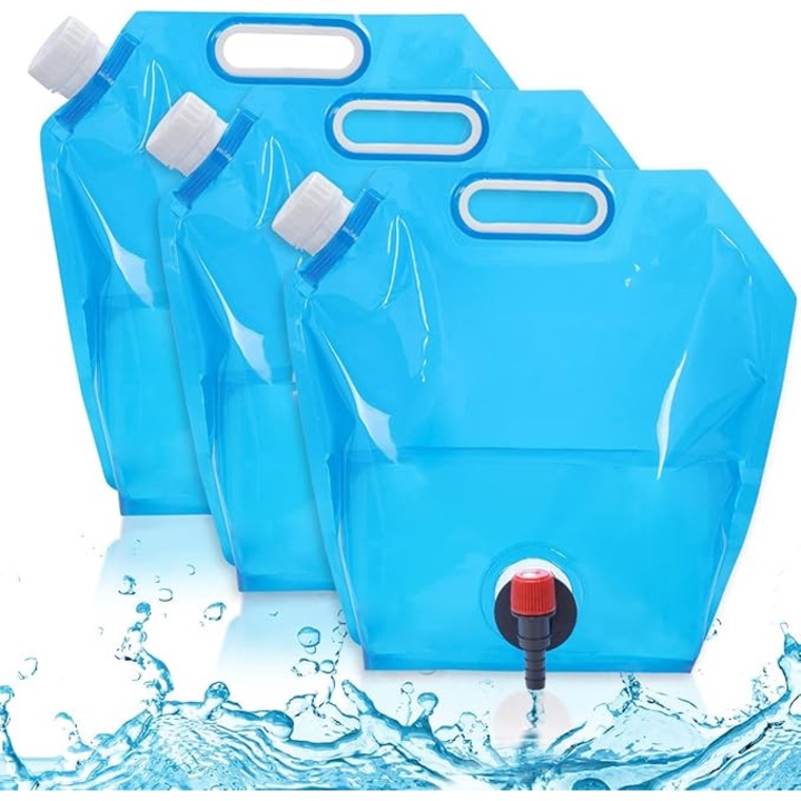 Rezervor apa pliabil 10L, fara BPA, cu robinet, transparent, usor, pentru camping, 3 buc
