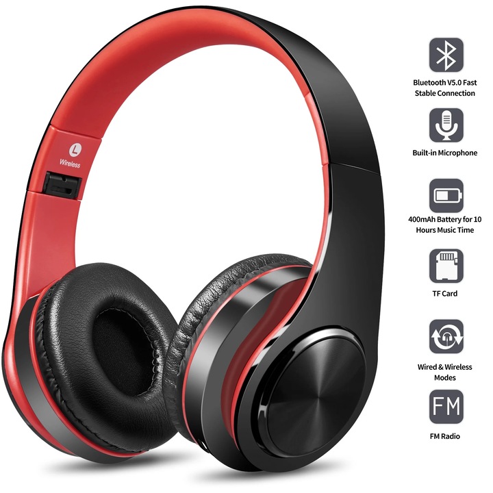 Vezeték nélküli Bluetooth fejhallgató, 40mm, piros, összecsukható, kényelmes, 14 óra üzemidő