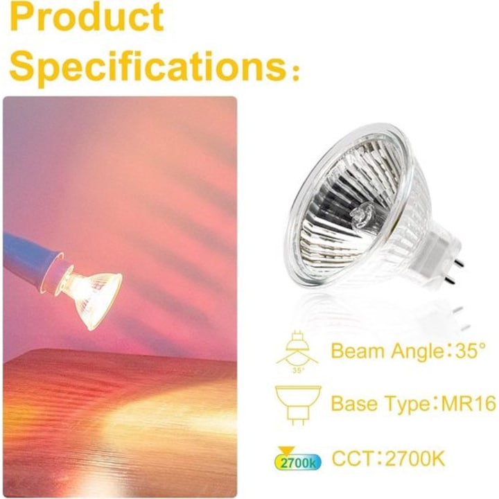 12 db MR16 halogén izzó készlet 20W 12V GU5.3 meleg fehér 2700K 5x4.6cm