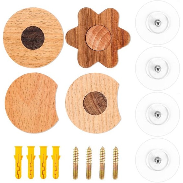 Set 4 carlige de perete din lemn autocolante pentru copii multicolor