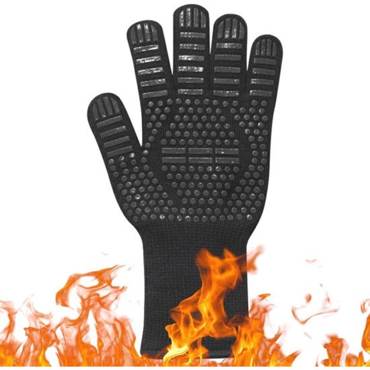 Hosszú hőálló konyhai kesztyű 800C, aramid, pamut, fekete