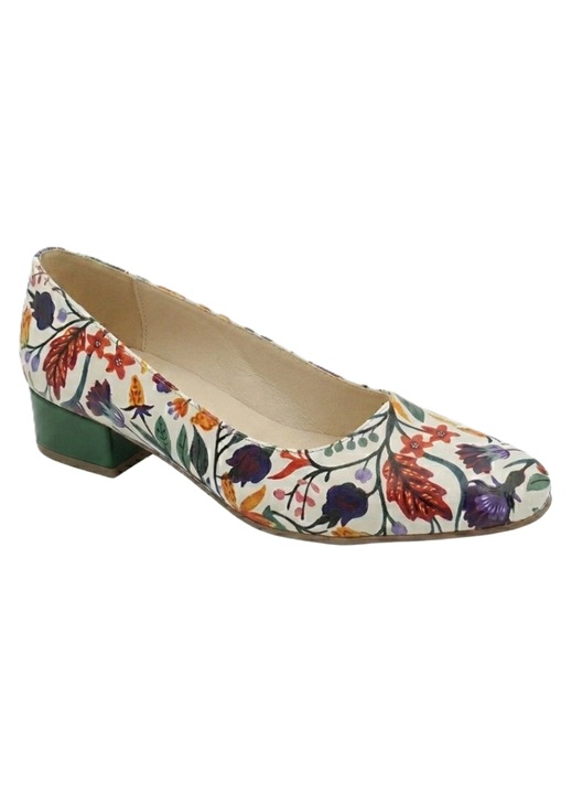 Pantofi dama eleganti, SandAli, piele naturala, toc gros 4 cm, imprimeu Floral Garden, multicolor