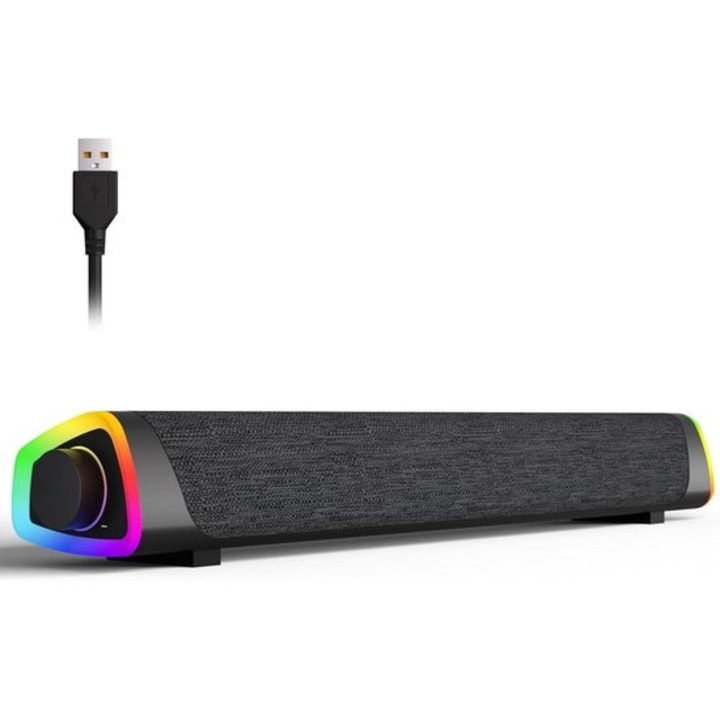 PC soundbar hangszóró, USB, Bluetooth, LED, fekete, kompakt