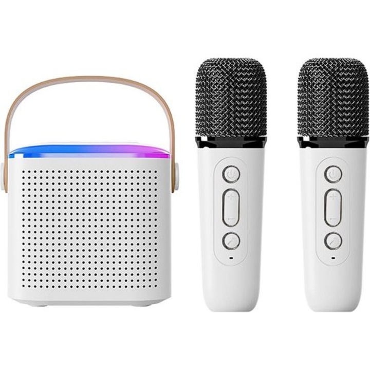 Hordozható Karaoke gép 2 vezeték nélküli mikrofonnal, LED, fekete, 8-10 óra üzemidő