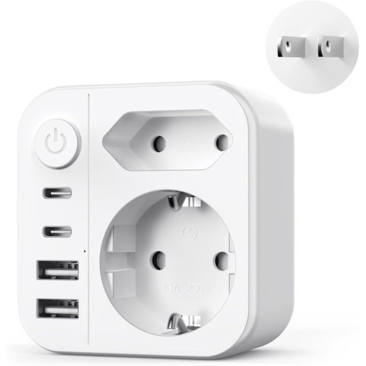 Adaptor de priza calatorie 6 in 1, 2500W, 4 USB, alb, 7x7x4cm