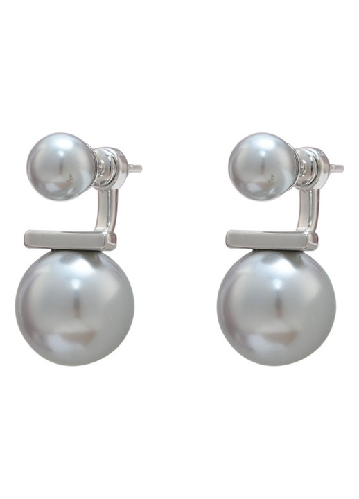 Cercei tip stud cu doua perle gri imitatie, corp din alama placata cu aur 14K, ace din argint 925 hipoalergenici, stil minimalist elegant pentru purtare zilnica, dimensiuni 2.6×1.4 cm