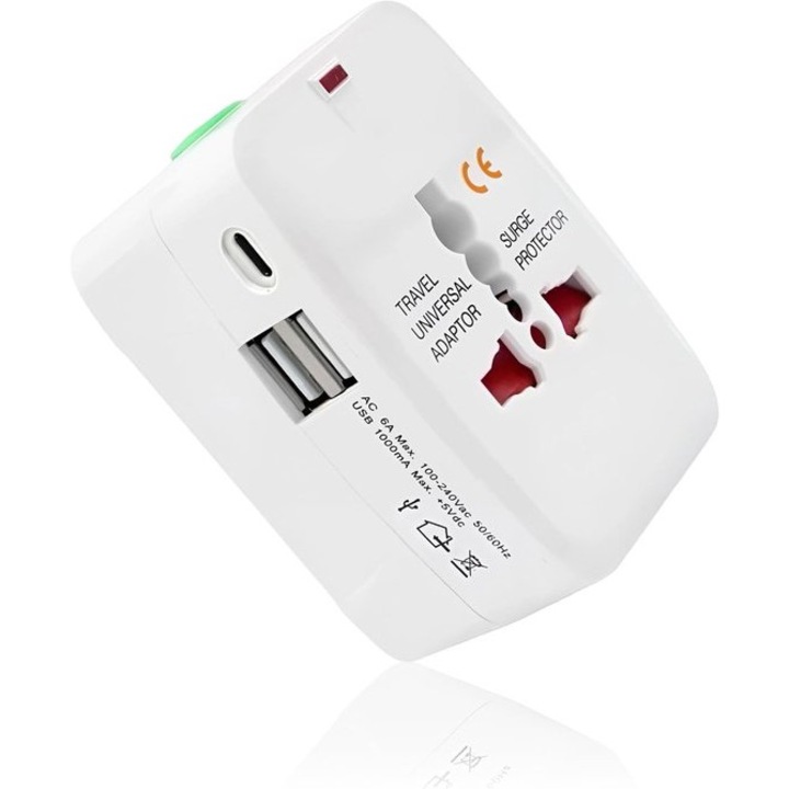 Adaptor universal de calatorie, 8 prize, 3 USB, compact, multicolor