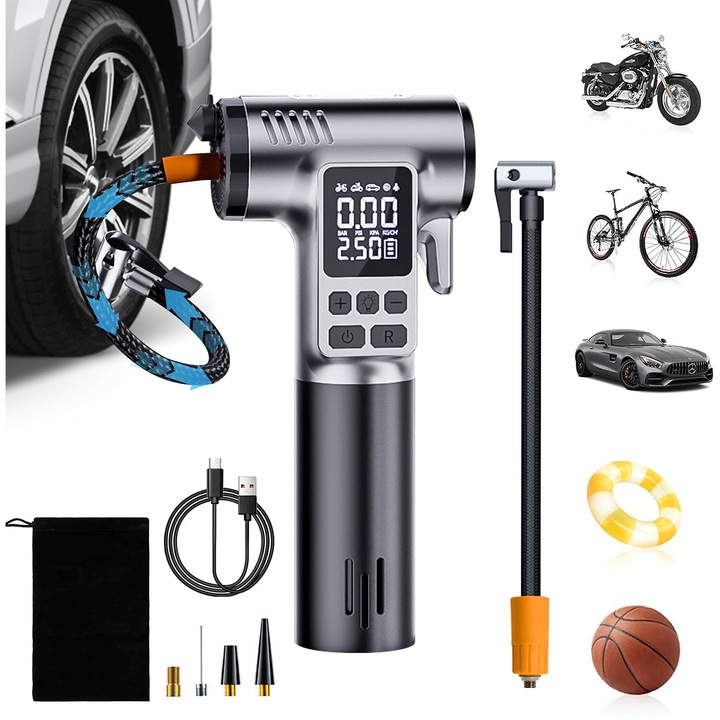 Pompa aer portabila electrica multifunctionala, 150 PSI, LCD, 19x10x4cm