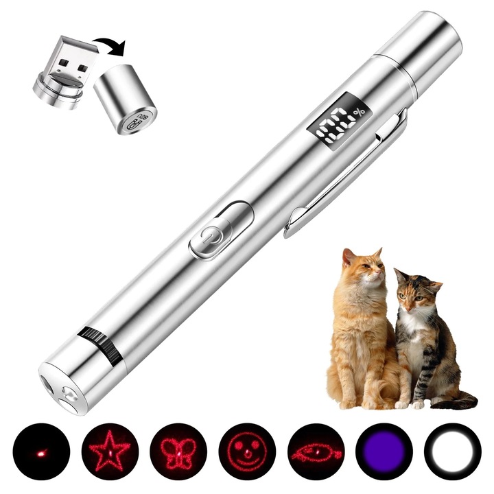 Jucarie laser interactiva pentru animale, incarcare USB, inox, compacta