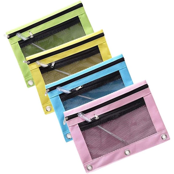Penar set 4 piese, multicolor, 17x25cm, buzunare transparente, fermoar dublu