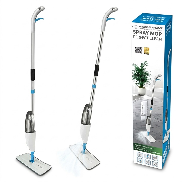 Mop cu pulverizator ESPERANZA EHS002, rezervor 350 ml, cap rotativ 360°, laveta din microfibra reutilizabila, maner ergonomic, 118 cm, Inox si Plastic