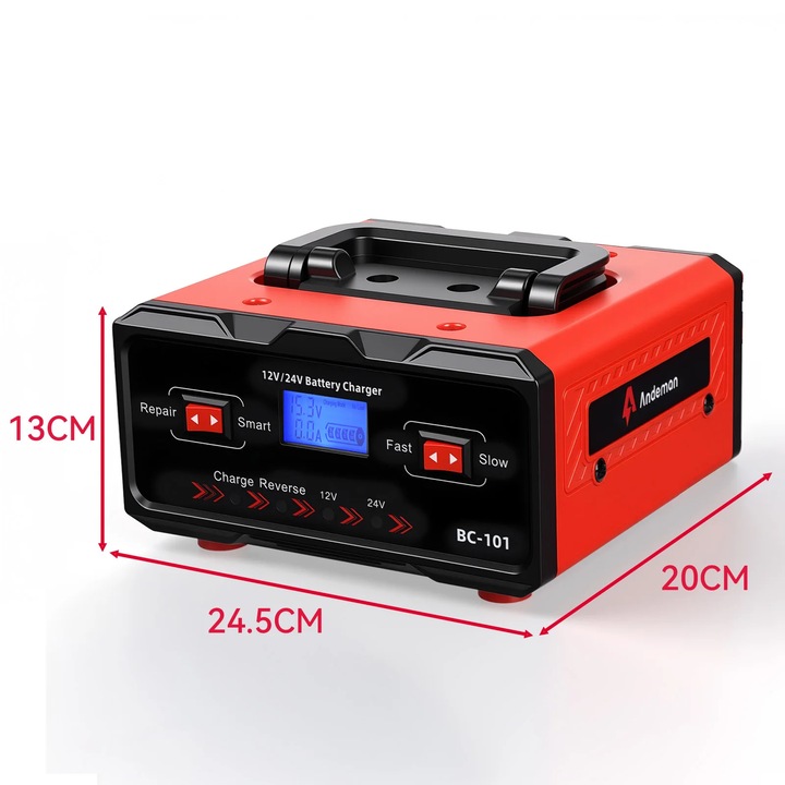 Incarcator portabil baterie auto 20A, incarcator inteligent 12V 24V booster, pentru baterii plumb-acid AGM GEL LiFePO4 auto si moto, puls reparatie, negru rosu