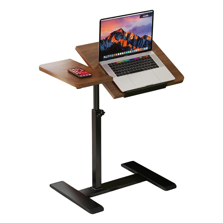 Mobil laptop asztal, állítható magasságú íróasztal ágyhoz és kanapéhoz, dönthető asztallap, rejtett kerekek, oldalsó asztal otthonra, barna