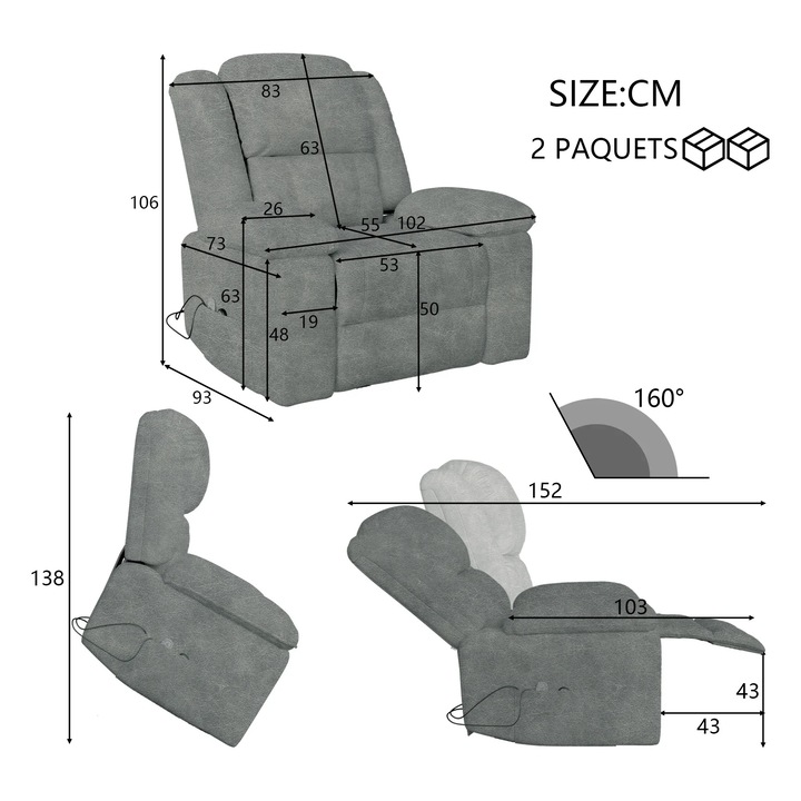 Elektromos relax fotel, TV fotel masszázzsal és fűtéssel, emelésrásegítő funkcióval, szövet kárpitozás, fém váz, szürke