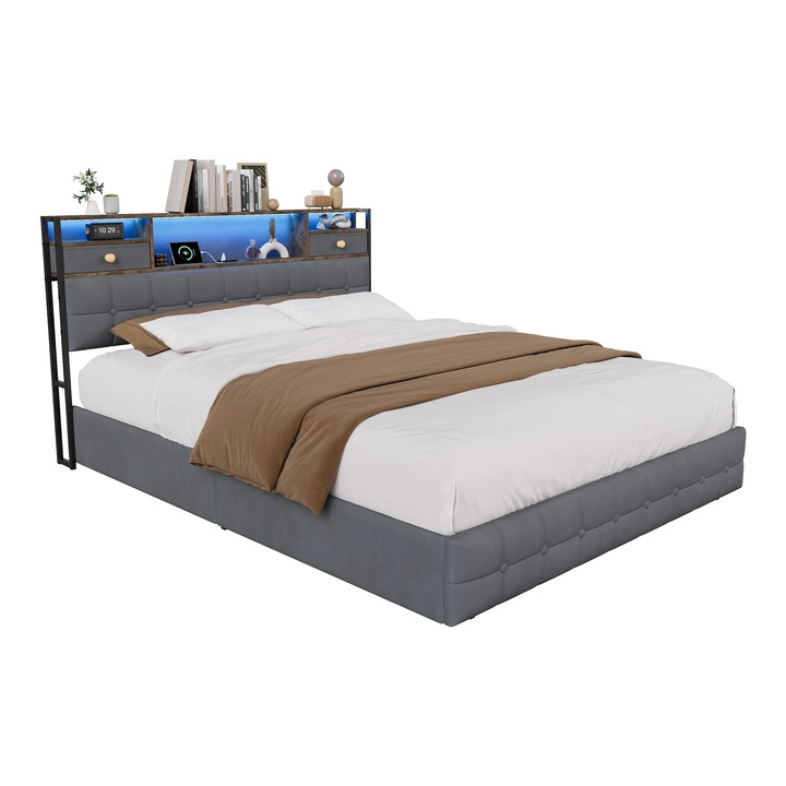 Kétszemélyes ágy, tárolóhellyel, 160x200 cm, kárpitozott bársony fejtámla LED világítással, USB és Type-C töltéssel, 2 fiókkal, szürke
