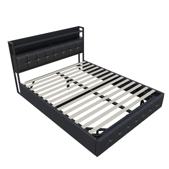 Dupla ágy tárolóhellyel, Hidraulikus kárpitozott ágy, LED-es és USB-s fejtámla, Emelhető tárolórekesz, Matrac nélkül, PU műbőr, 160×200 cm