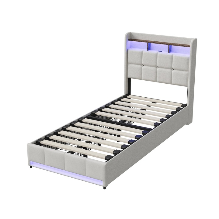 Ágy 90x200 cm, Egyszemélyes ágy gyerekeknek/vendégeknek, LED világítás és USB port, Léces ágyrács, 2 tároló fiók, Bézs