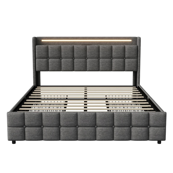 Kárpitozott ágy, 160x200 cm ágykeret, LED-es fejtámla, USB töltőport, 4 tároló fiók, Léces ágyrács, Vászon típusú szövet, Szürke