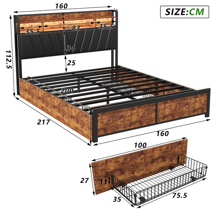 Ágy tárolóval 160x200 cm, Ipari platforma ágy, 4 fiók, LED világítás, USB töltőportok, Fejtámla, Fekete és fa