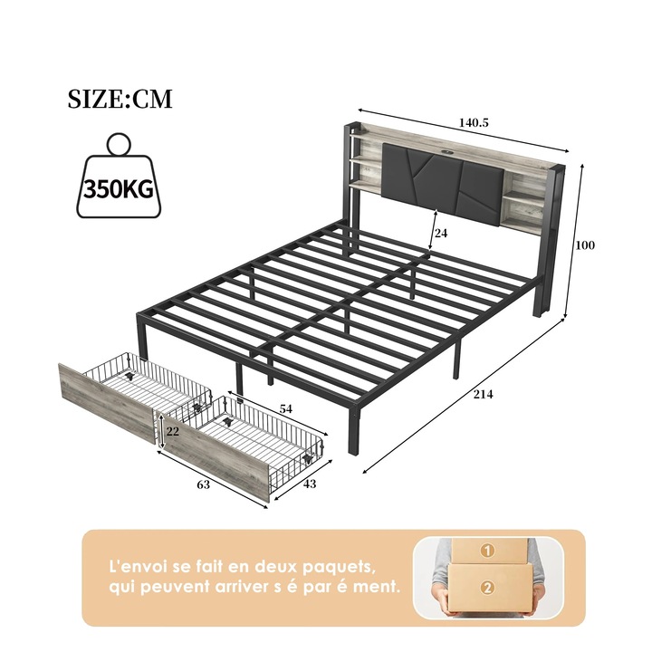 Modern kárpitozott ágy, Kétszemélyes ágykeret 140x200 cm, Tároló fiókok, LED világítás, PU bőr, USB töltőport, Fekete