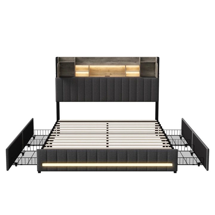 Ágy, kárpitozott ágy 160 x 200 cm, tárolóhellyel, 2 fiókkal, LED világítással és USB porttal, fekete