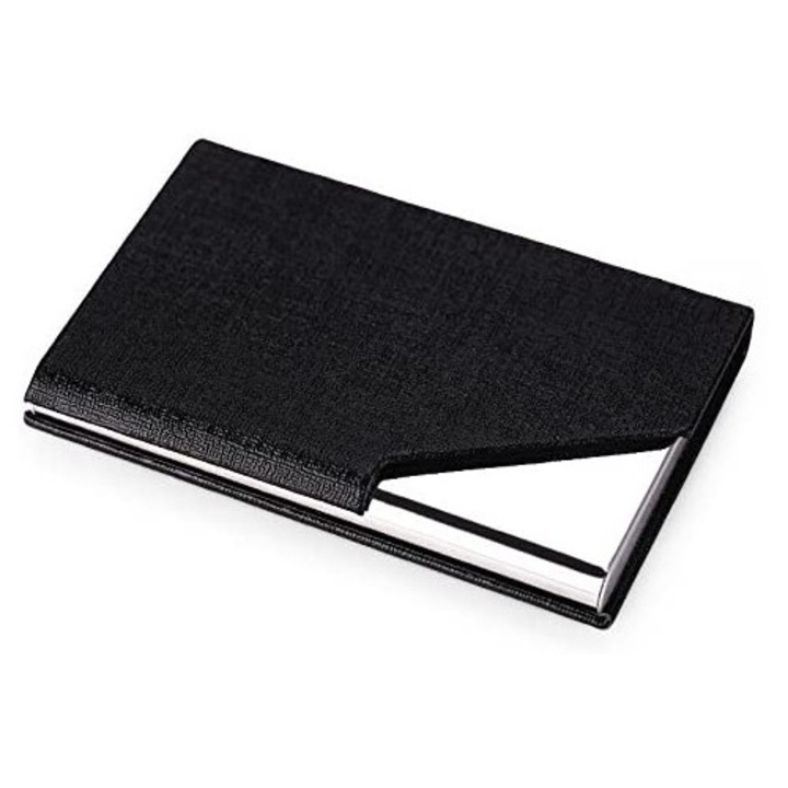 Suport carti de vizita piele PU si otel inoxidabil negru 10x7cm