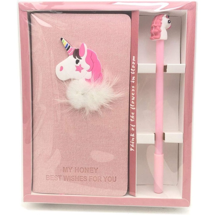 Set caiet si pix unicorn, roz