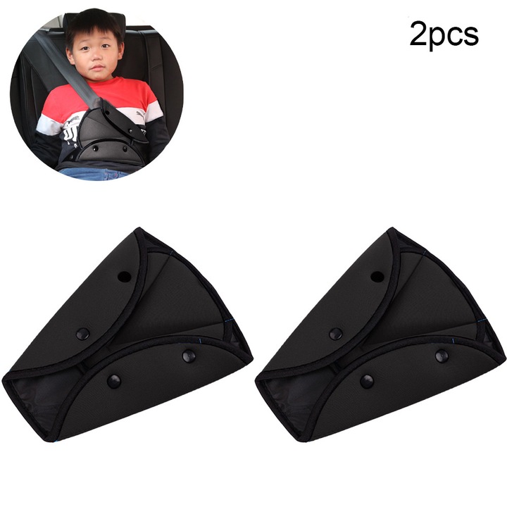 Set 2 ajustatoare centura siguranta copii, bumbac, negru, 25x23cm