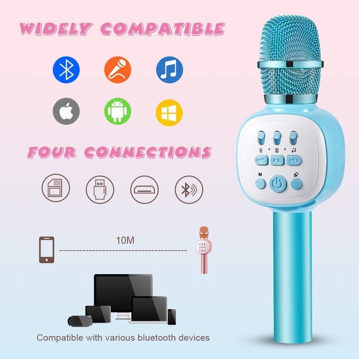 Többfunkciós hordozható Bluetooth karaoke mikrofon többszínű LED-del 20x6cm
