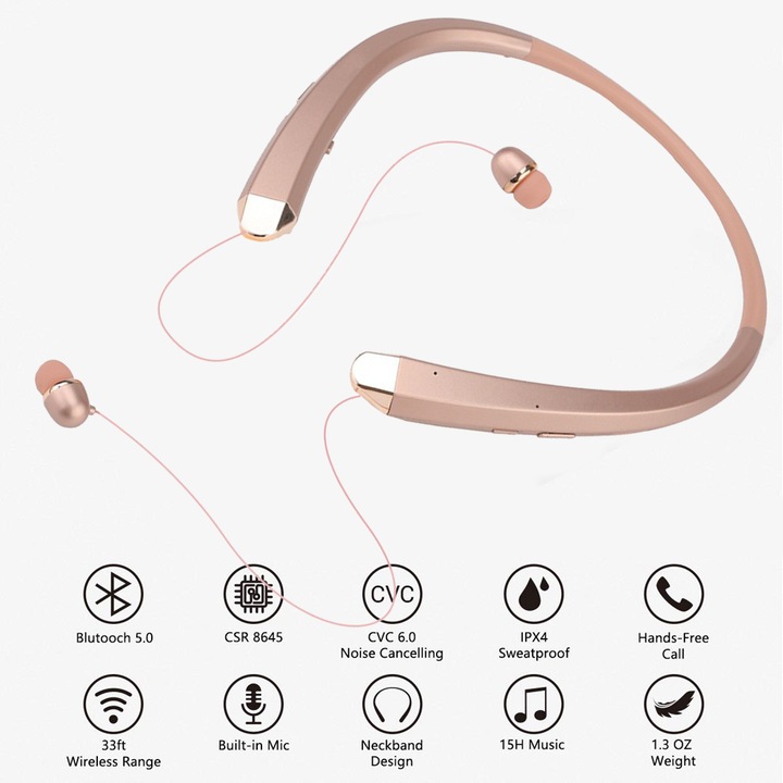 Vezeték nélküli nyakpántos fülhallgató mikrofonnal, visszahúzható, rose gold fekete ezüst, sport