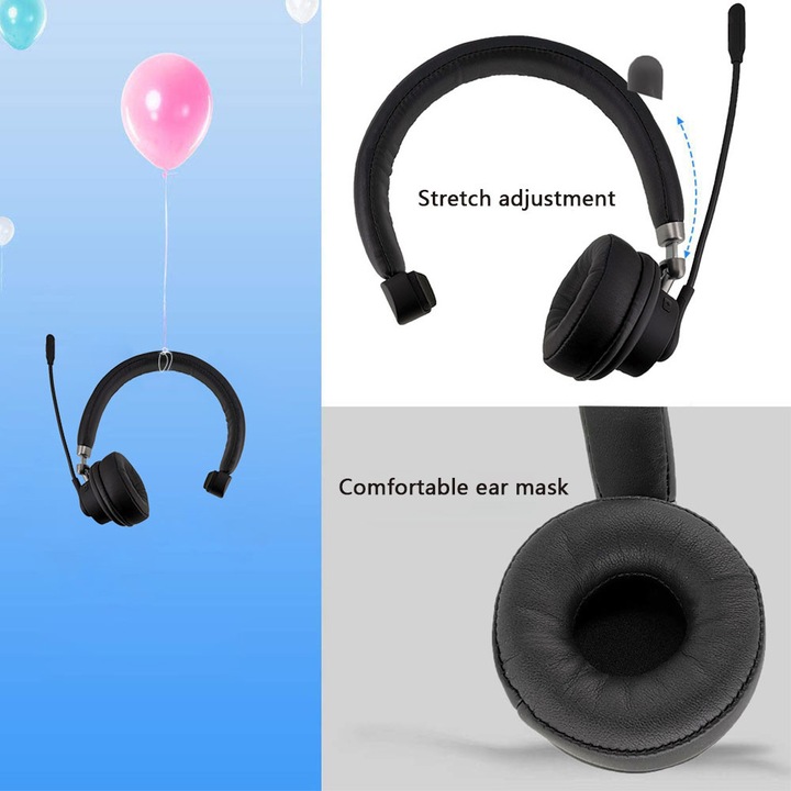 Vezeték nélküli Bluetooth fejhallgató, zajszűrős mikrofon, némító gomb, fekete