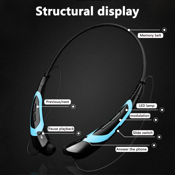 Vezeték nélküli nyakpántos Bluetooth 4.0 fülhallgató, zajszűrős mikrofon, kék