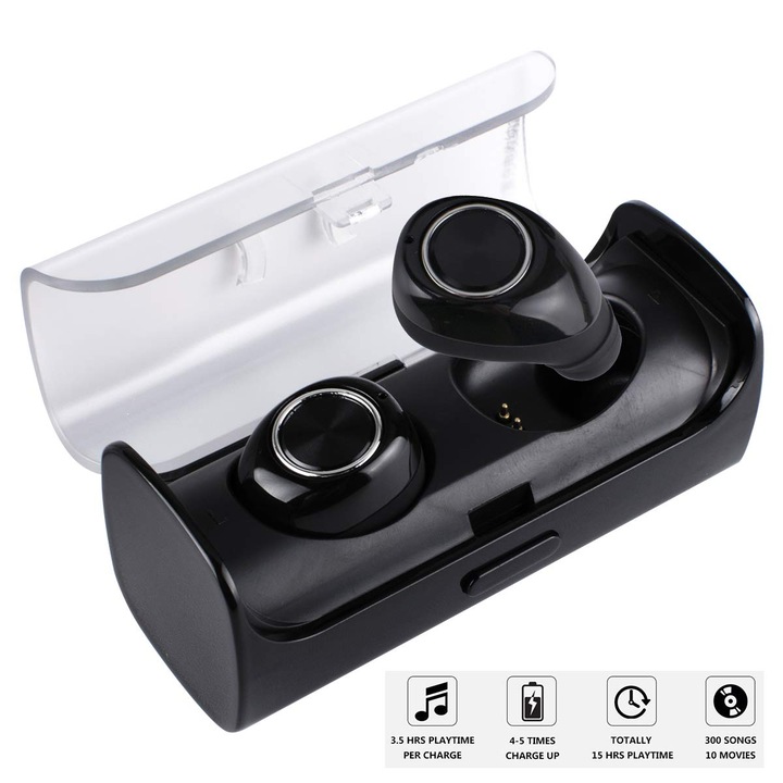 Twins TWS-10 vezeték nélküli fülhallgató, Bluetooth 4.2, fekete, 16.5x7x4.5cm