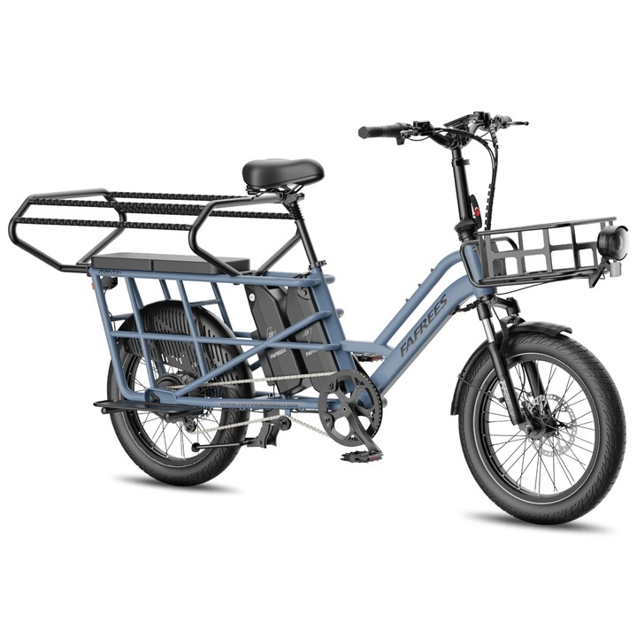 Bicicleta electrica cargo FF20 CUV, motor 250W, baterie 48V 30Ah detasabila, autonomie peste 60 km, cu scaun pentru copil, albastru