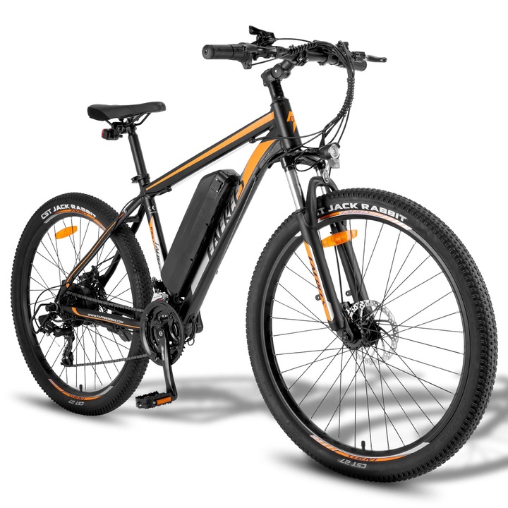 Bicicleta electrica F28 MT, e-mountain bike MTB, 250W 36V 15Ah, autonomie 55–65 km, roti 70 cm, viteza maxima 25 km/h, negru portocaliu