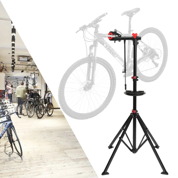 Kerékpár javító állvány, professzionális mechanikus állvány, állítható 108–190 cm, maximális terhelés 50 kg, MTB, országúti és összecsukható kerékpárokhoz, fekete