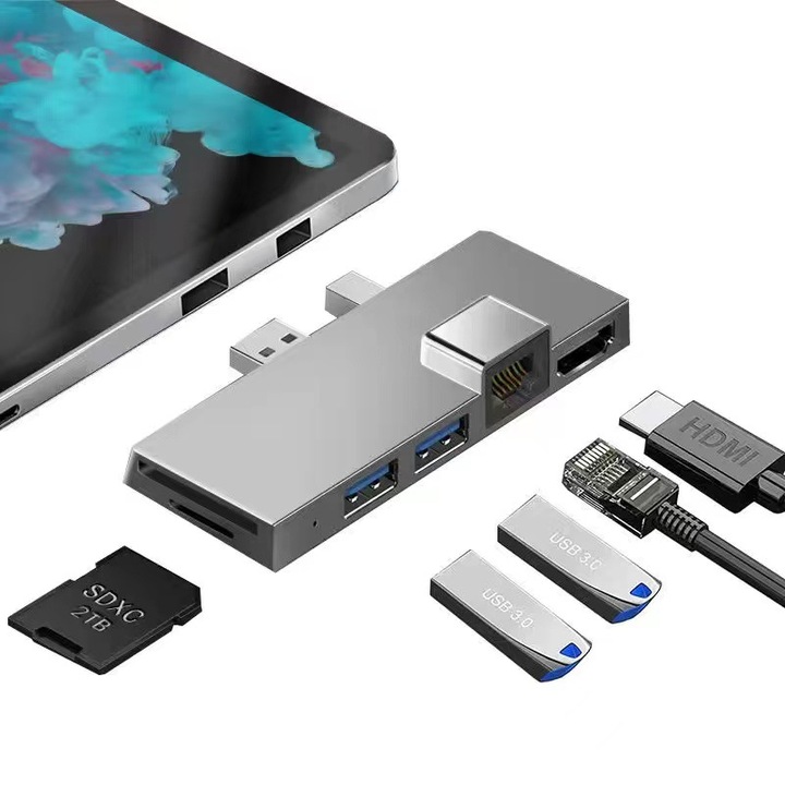 Докинг станция за Surface Pro 4/5/6, HDMI 4K, Ethernet, USB 3.1, сребрист, 9x3.9x1.1см