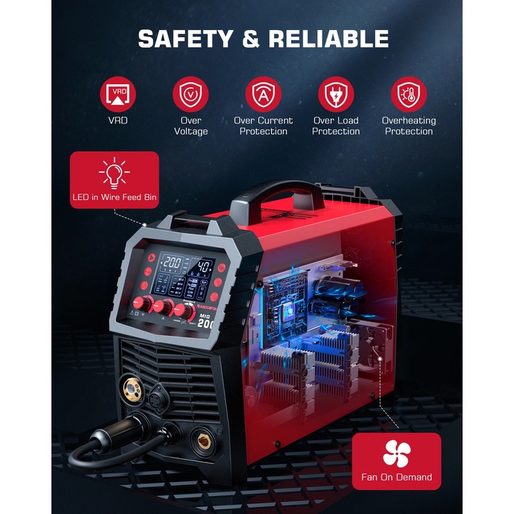 MIG hegesztőgép, MIG200 6 az 1-ben inverter 200A 220V, MMA Lift TIG, gázzal / gáz nélkül, 2T/4T, huzal sebesség 2, 0-15 m/perc, EU csatlakozó