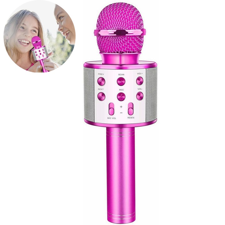 Bluetooth karaoke mikrofon, rózsaszín, 24.5x9.1x8.2cm, 1800mAh, multifunkcionális