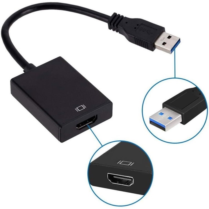 USB 3.0 - HDMI adapter, 1080P, fekete, hordozható, 10x5x2cm