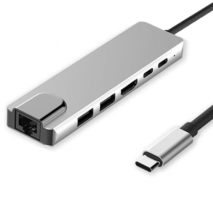 USB C 6 az 1-ben elosztó, HDMI 4K, USB 3.0, RJ45, fekete, kompakt