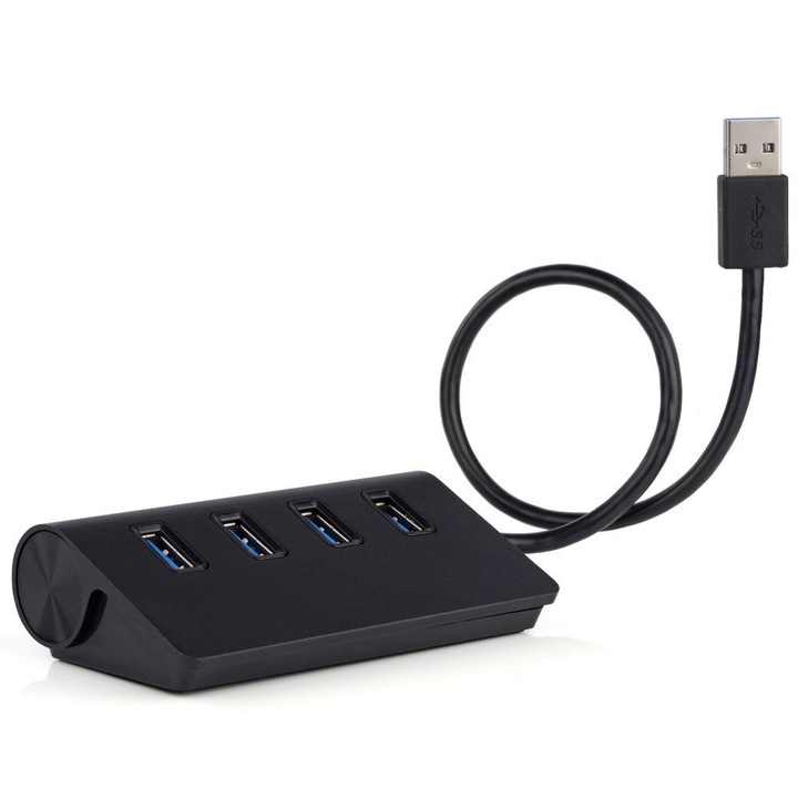 USB 3.0 elosztó, alumínium, 4 portos, fekete, hordozható, 32 fokos szög, 5Gbps
